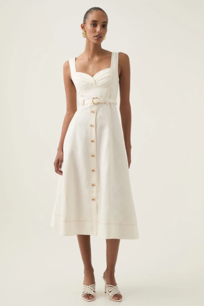 Square Neck Solid Linen Midi Dress With Belt