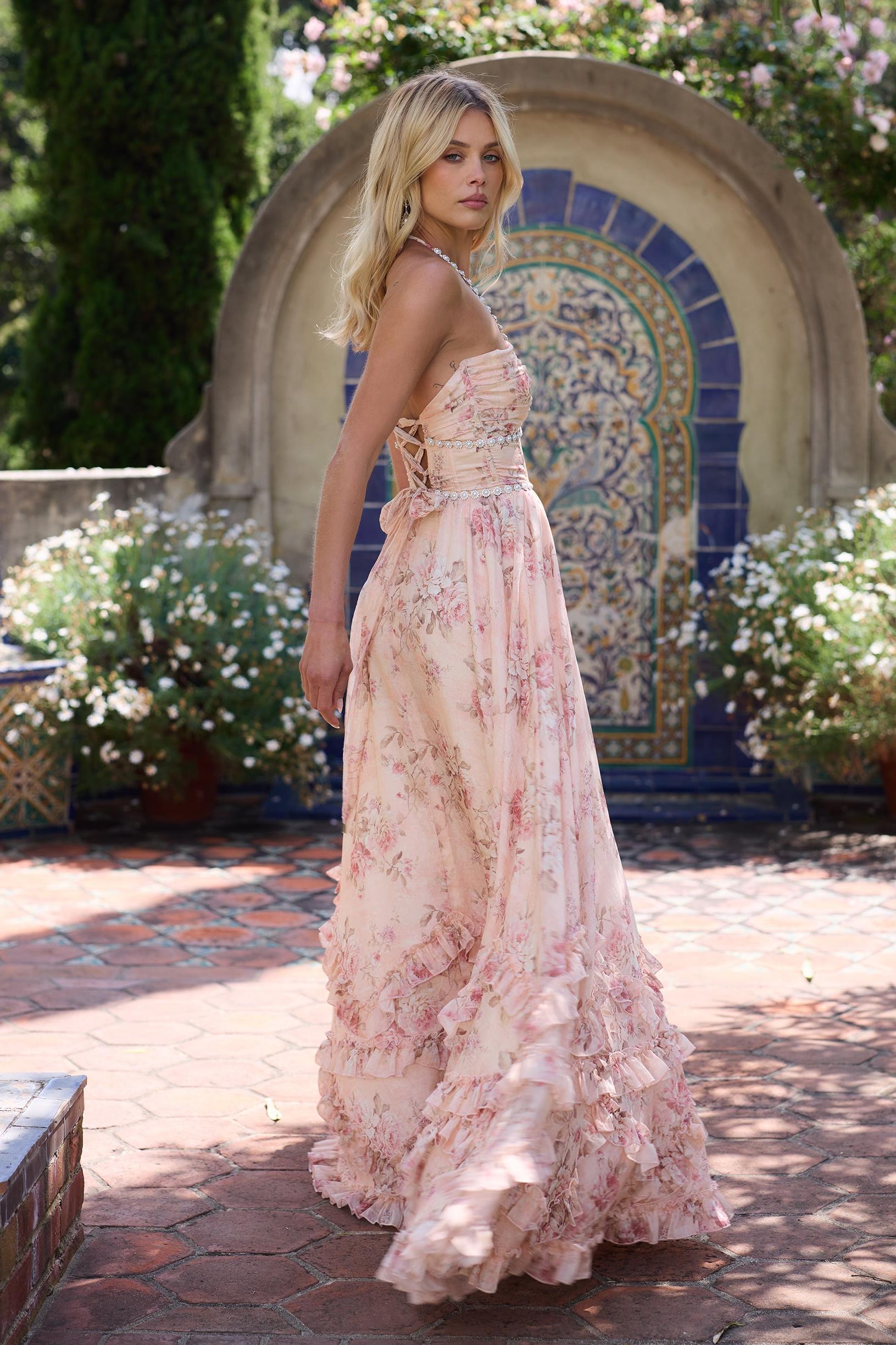 Floral Faux Pearl Frill Split Maxi Dress  JardinVue
