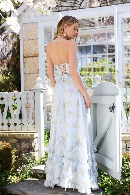 Floral Faux Pearl Frill Split Maxi Dress