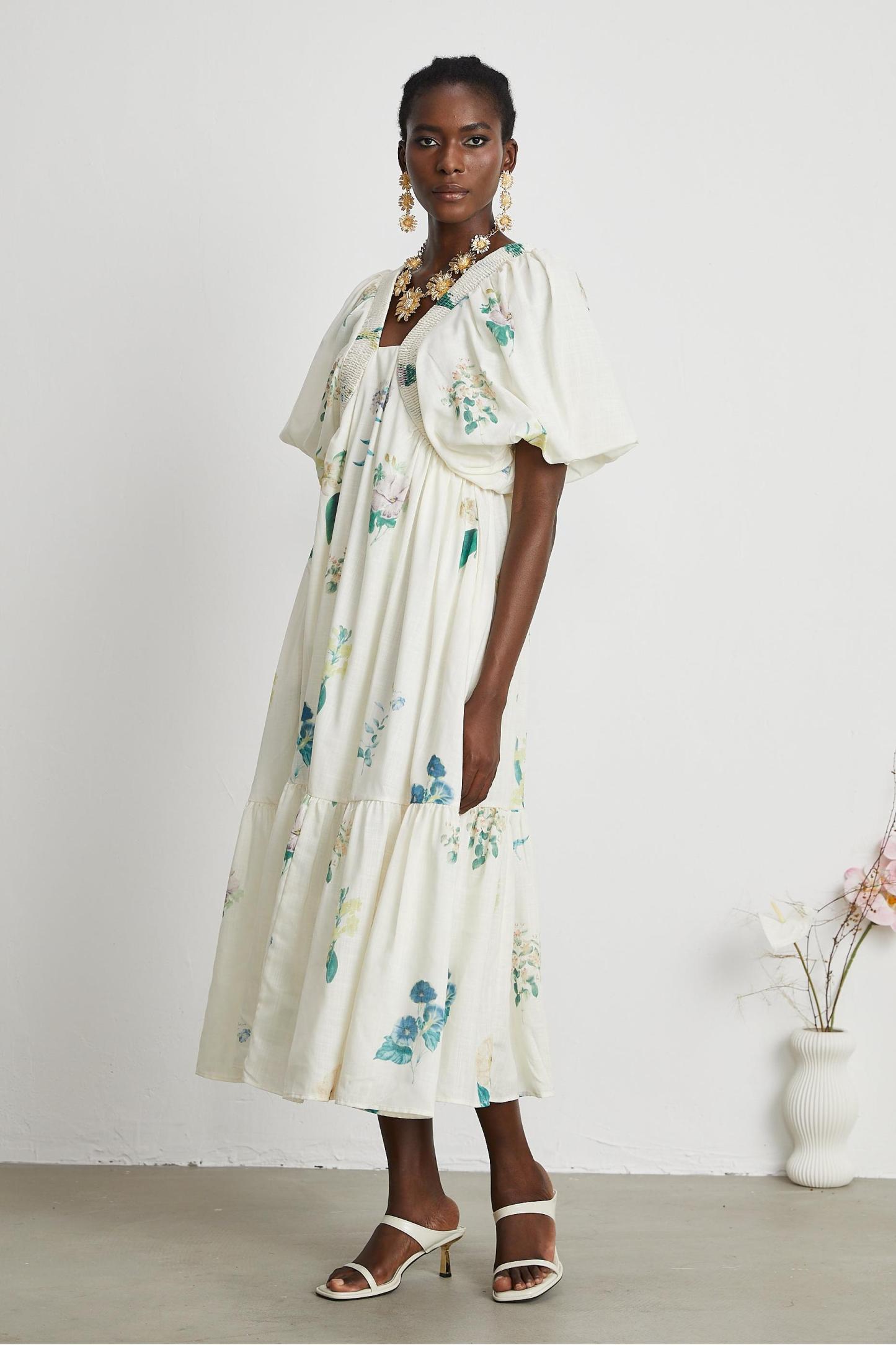 Floral Puff-Sleeve Smocking Midi Dress