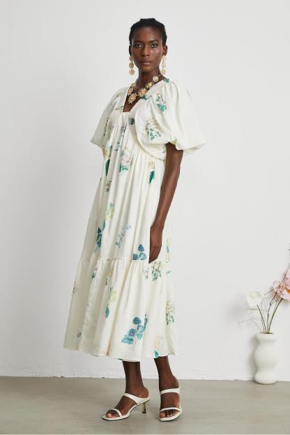 Floral Puff-Sleeve Smocking Midi Dress