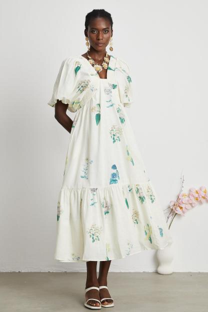 Floral Puff-Sleeve Smocking Midi Dress