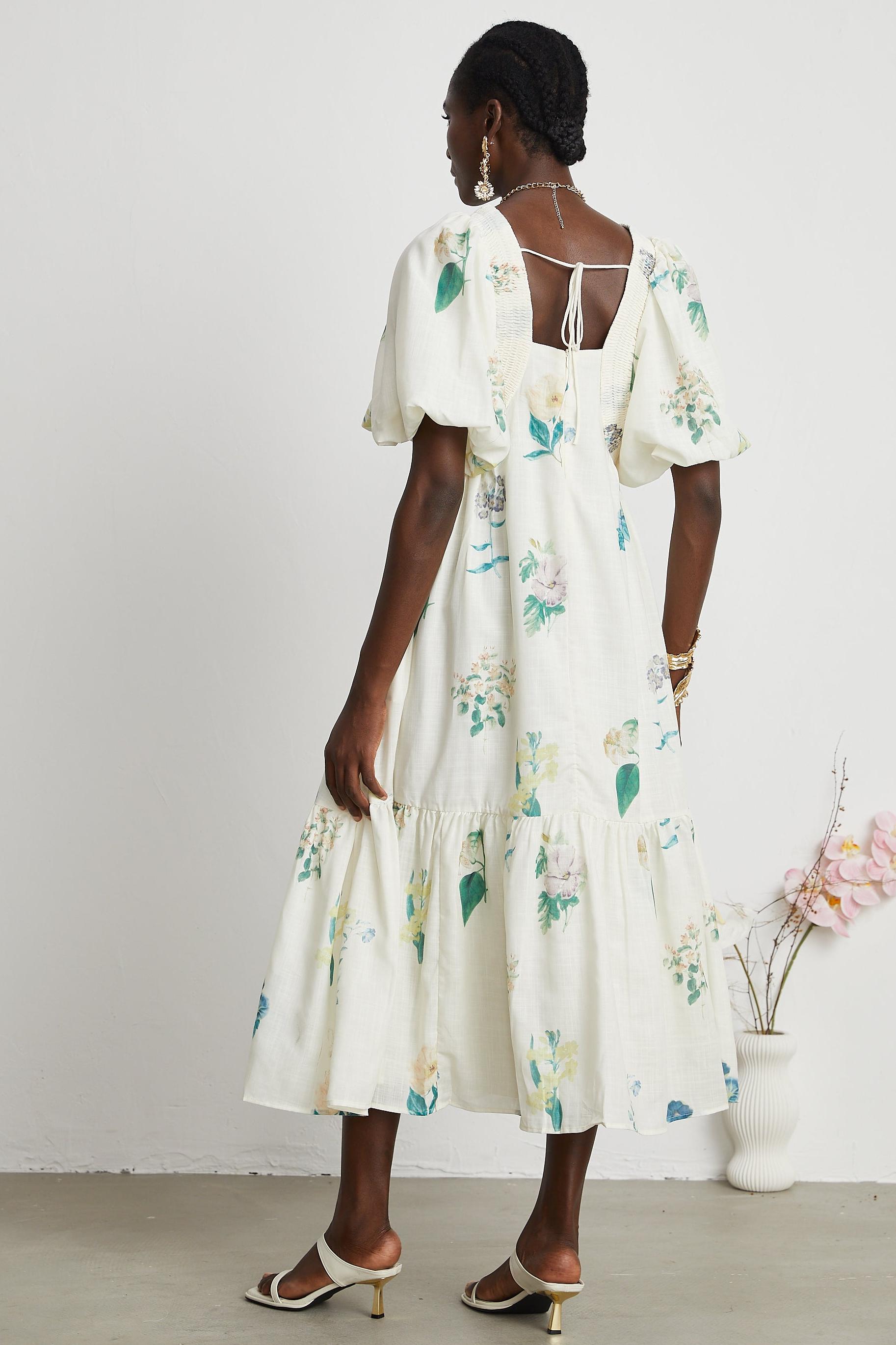 Floral Puff-Sleeve Smocking Midi Dress