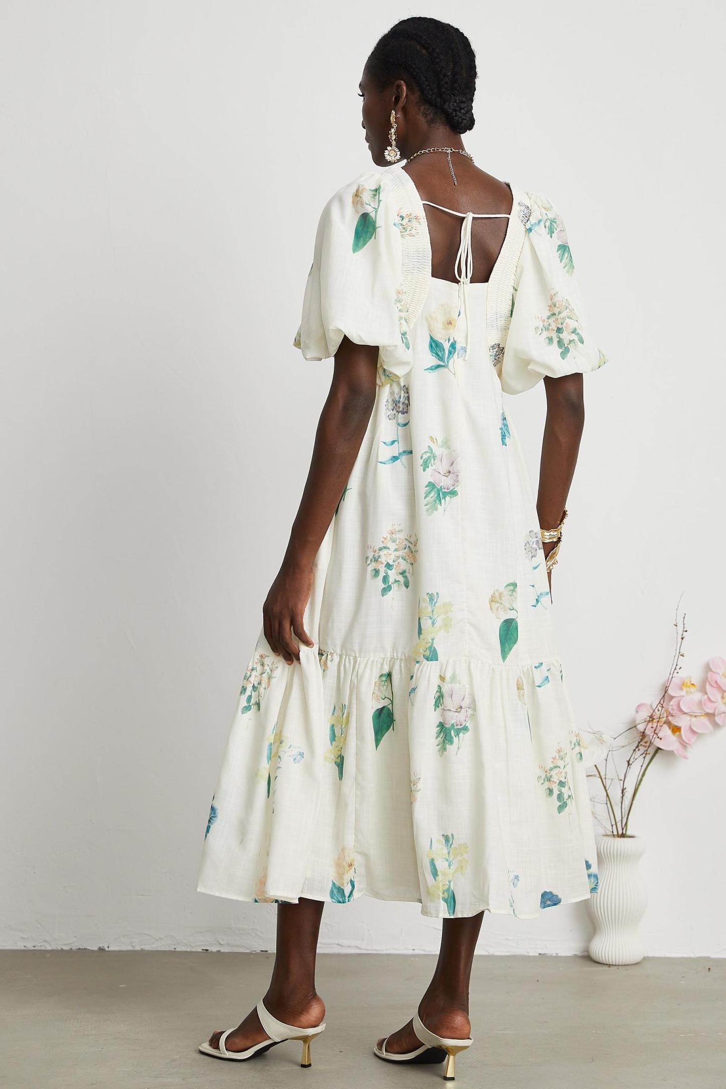 Floral Puff-Sleeve Smocking Midi Dress