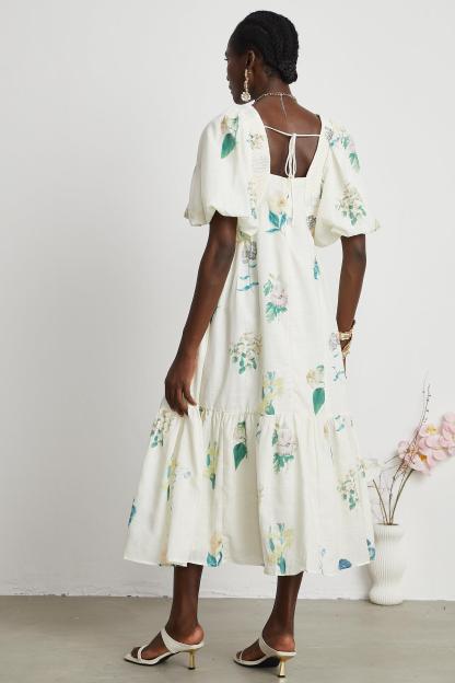 Floral Puff-Sleeve Smocking Midi Dress