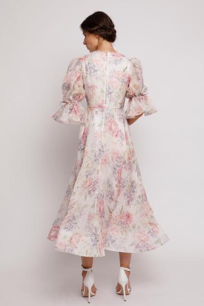 3D Flower Floral Lantern Sleeve Midi Dress