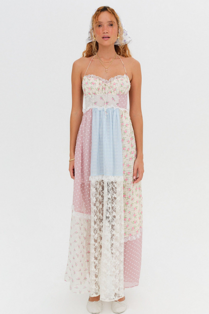 Floral Patchwork Print Lace Midi Dress