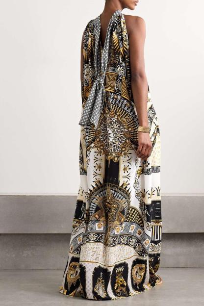 Paisley Print Lace-Up Sleeveless Midi Dress
