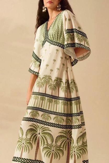 Botanical Print V-Neck Short Sleeve Midi Dress