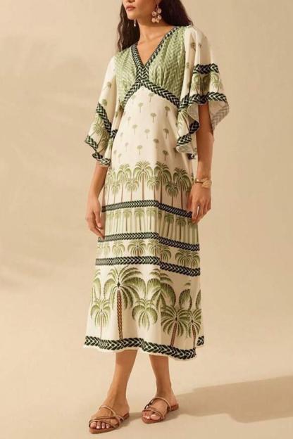 Botanical Print V-Neck Short Sleeve Midi Dress