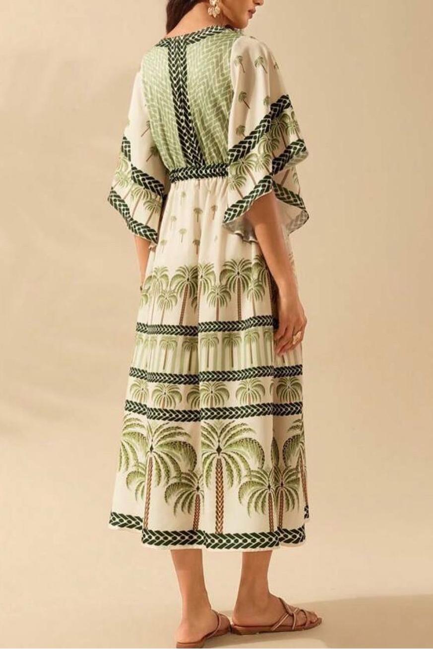 Botanical Print V-Neck Short Sleeve Midi Dress