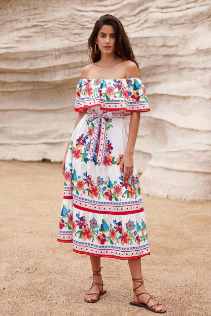 Floral Off Shoulder Ruffle Midi Dress