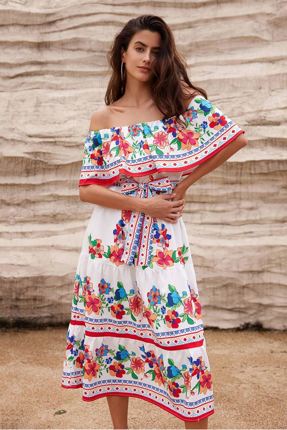 Floral Off Shoulder Ruffle Midi Dress