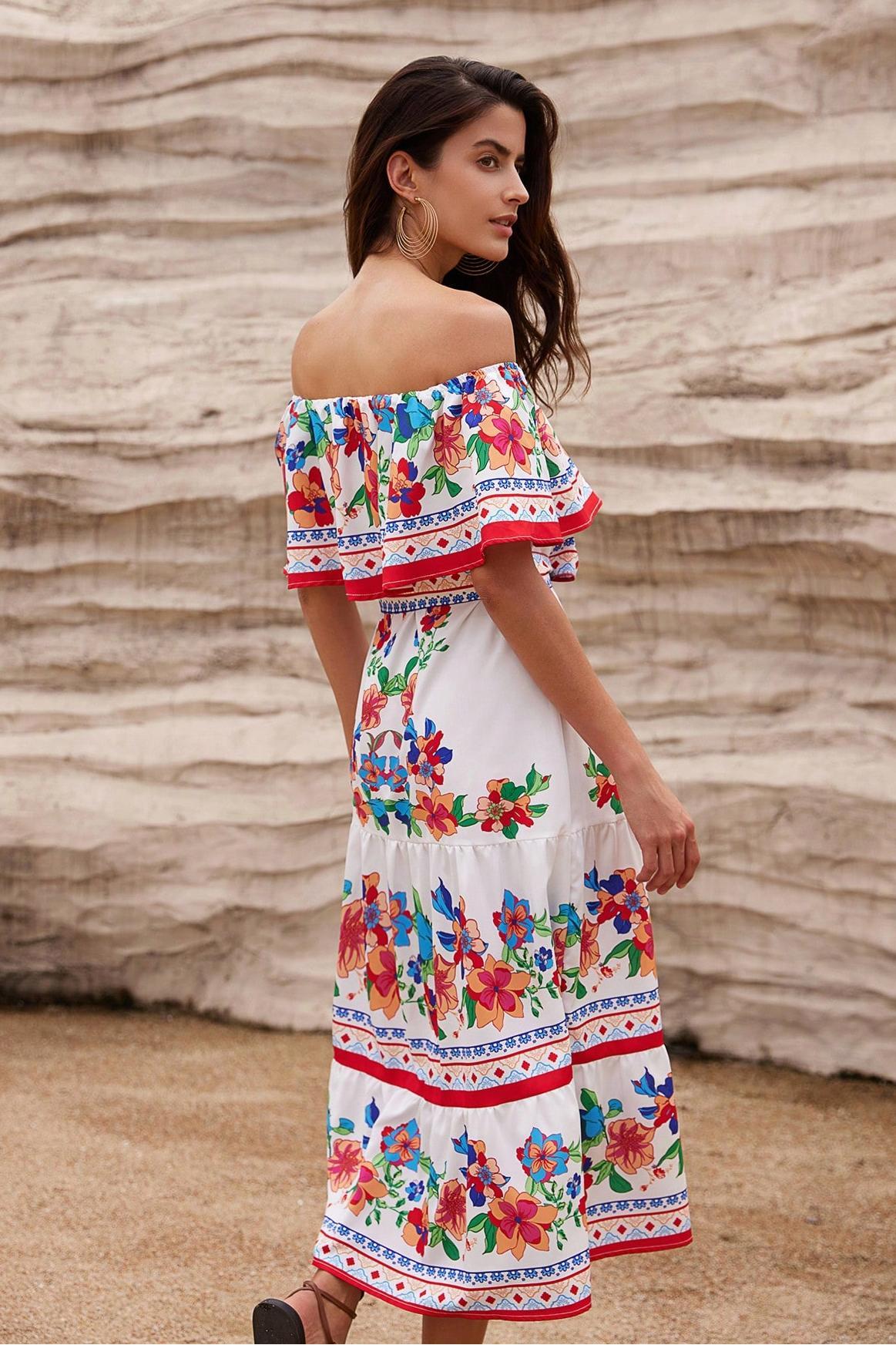 Floral Off Shoulder Ruffle Midi Dress