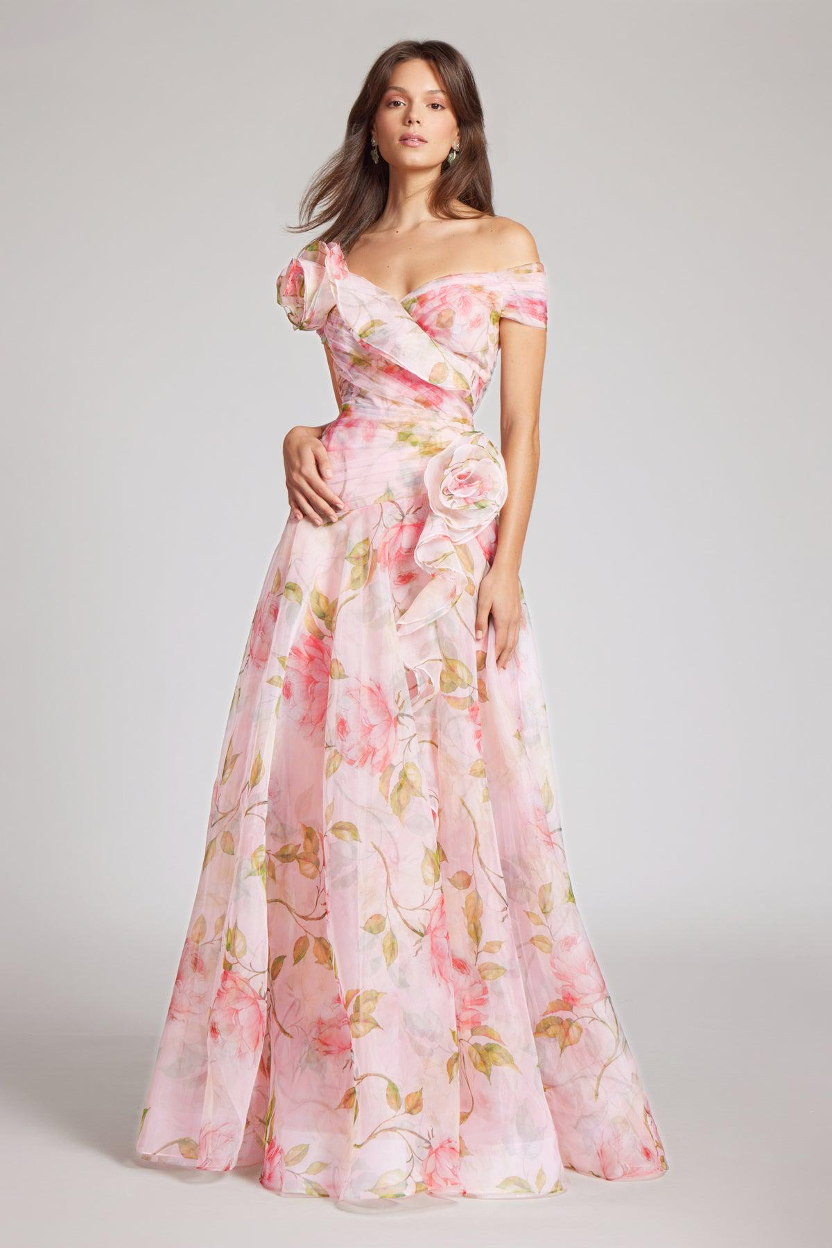 3D-Flower Frill Chiffon Maxi Dress