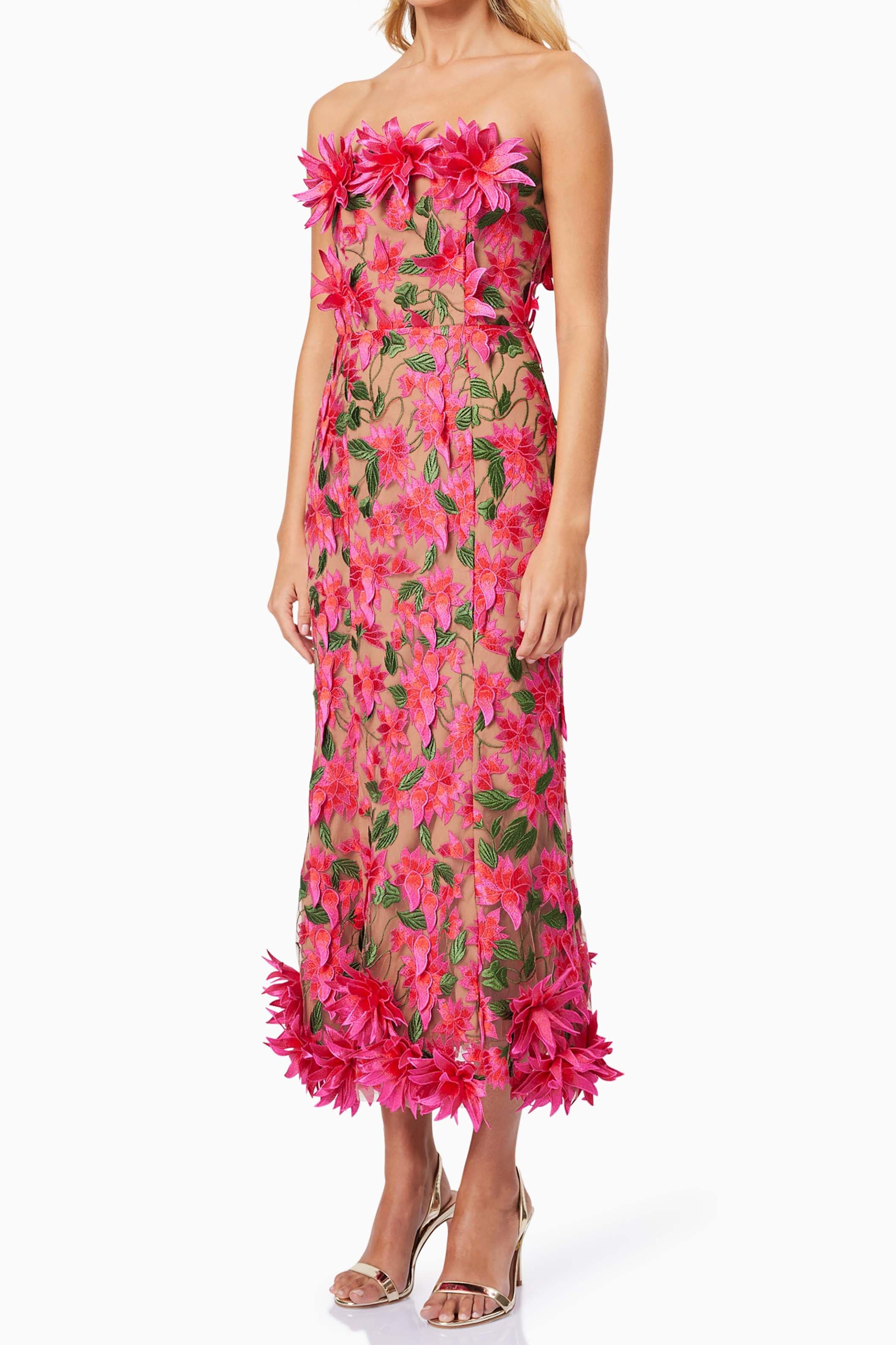 Embroidered 3D Flower Off Shoulder Midi Dress