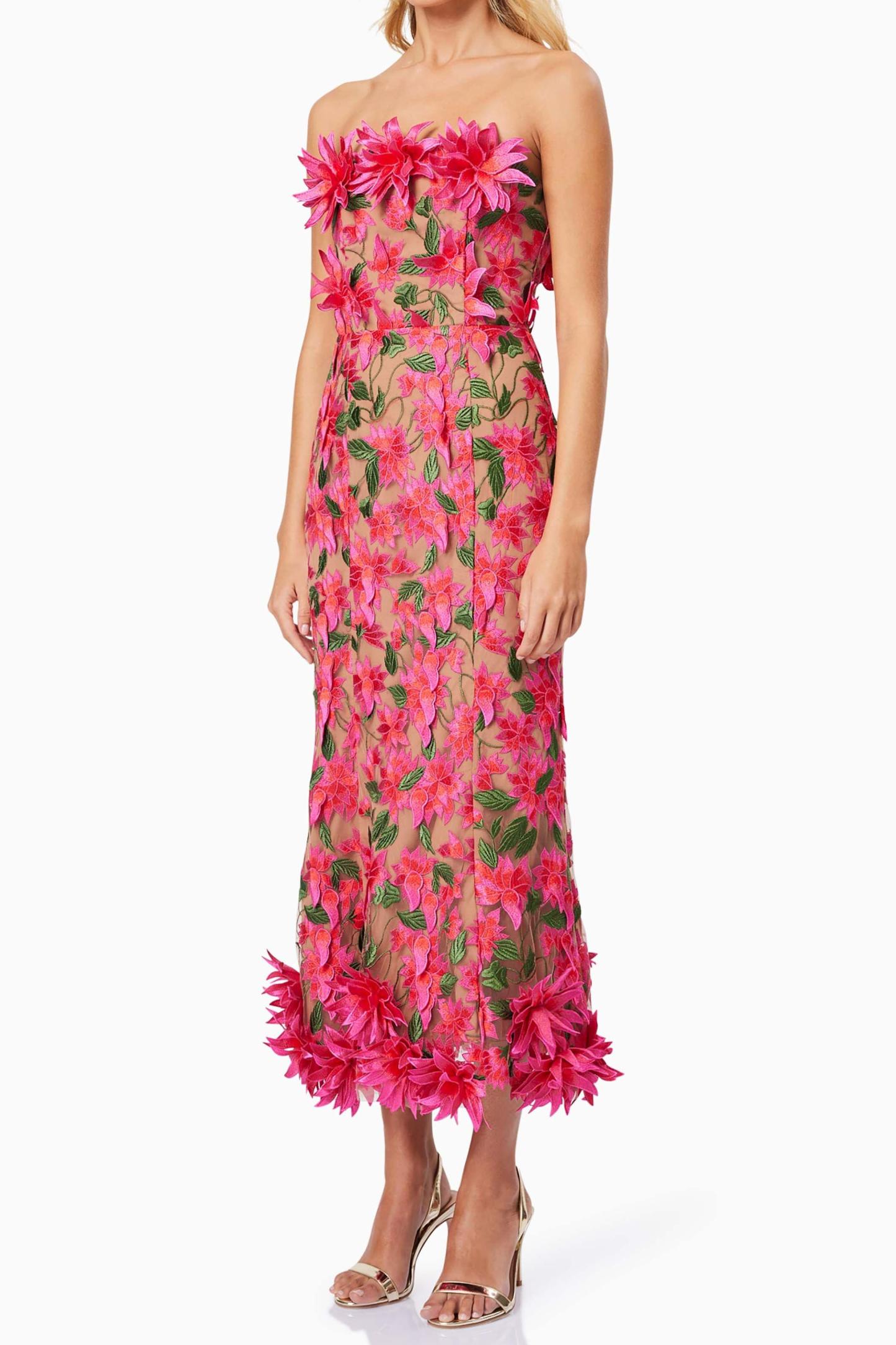 Embroidered 3D Flower Off Shoulder Midi Dress