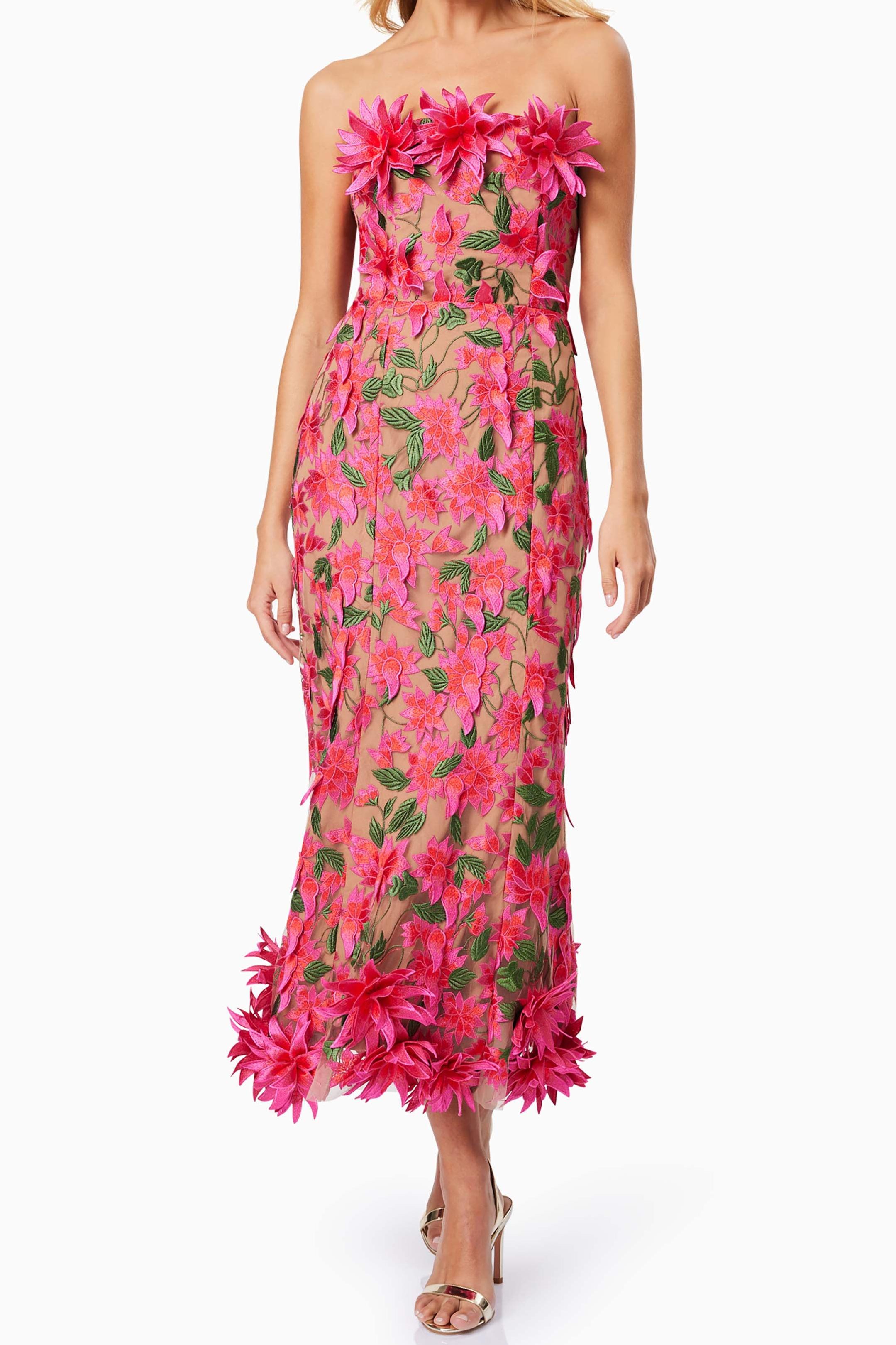 Embroidered 3D Flower Off Shoulder Midi Dress