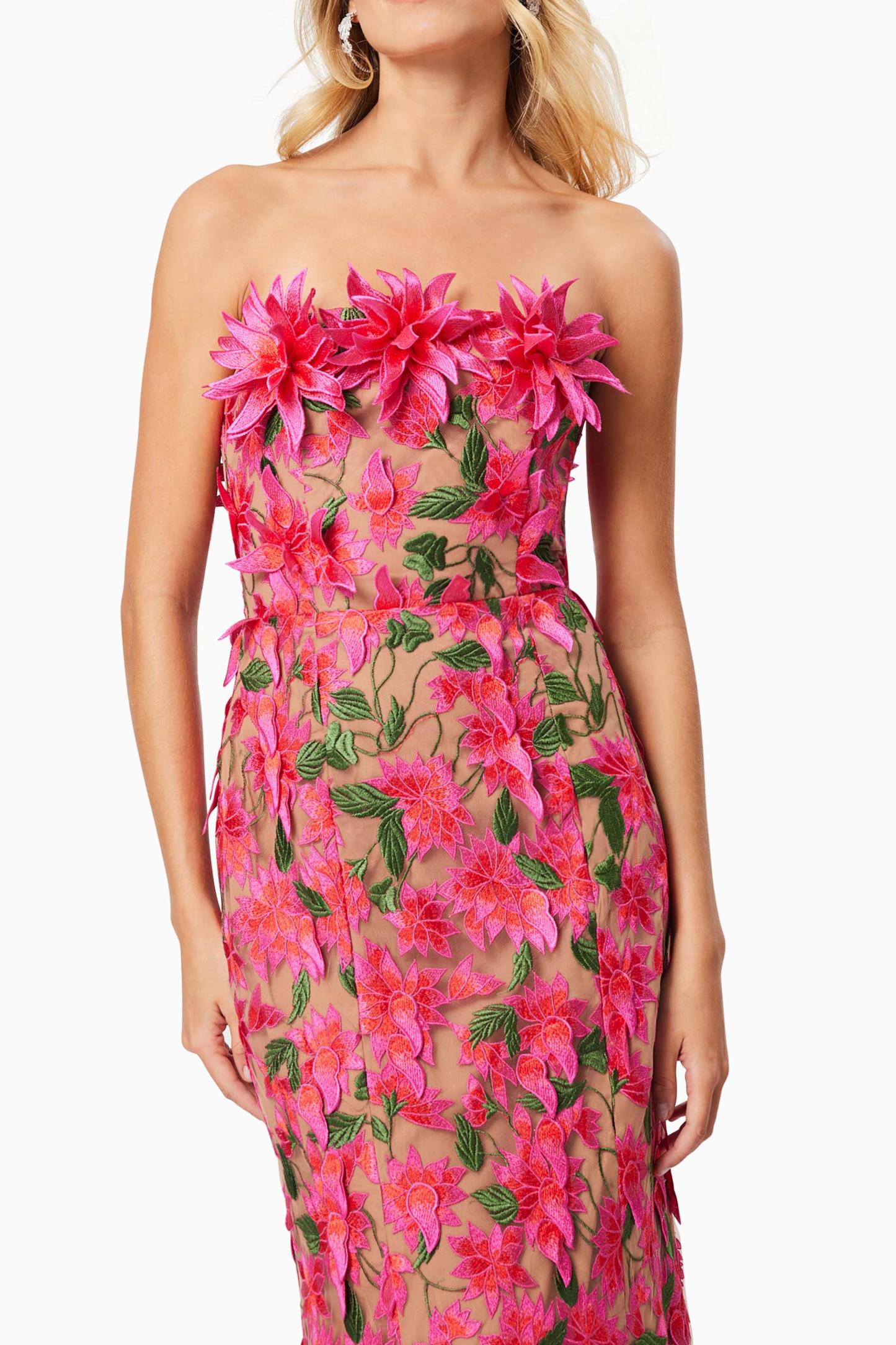Embroidered 3D Flower Off Shoulder Midi Dress