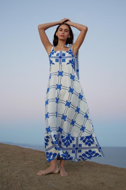 Paisley Print Lace-Up Sleeveless Midi Dress