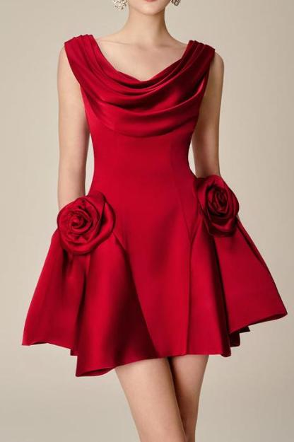 Solid 3D Flower Swing Collar Mini Dress