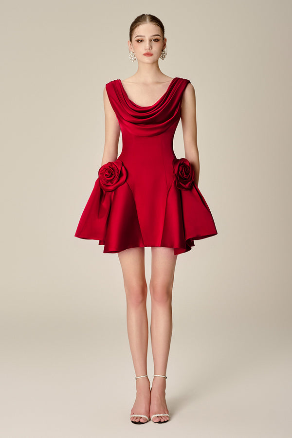 Solid 3D Flower Swing Collar Mini Dress