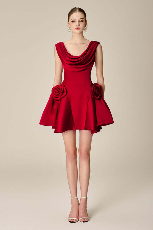 Solid 3D Flower Swing Collar Mini Dress