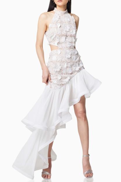 Ruffle Embroidered Halter Neck Midi  Dress