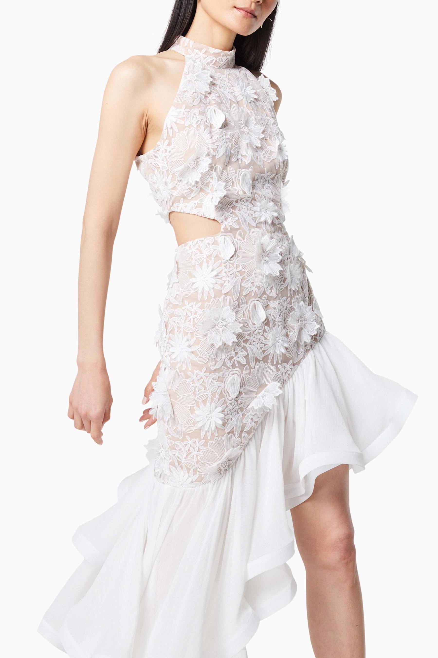 Ruffle Embroidered Halter Neck Midi  Dress