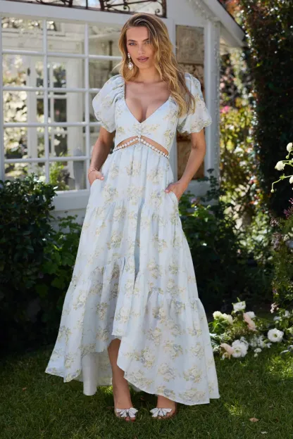 Floral Faux Pearl Cut-Out Maxi Dress