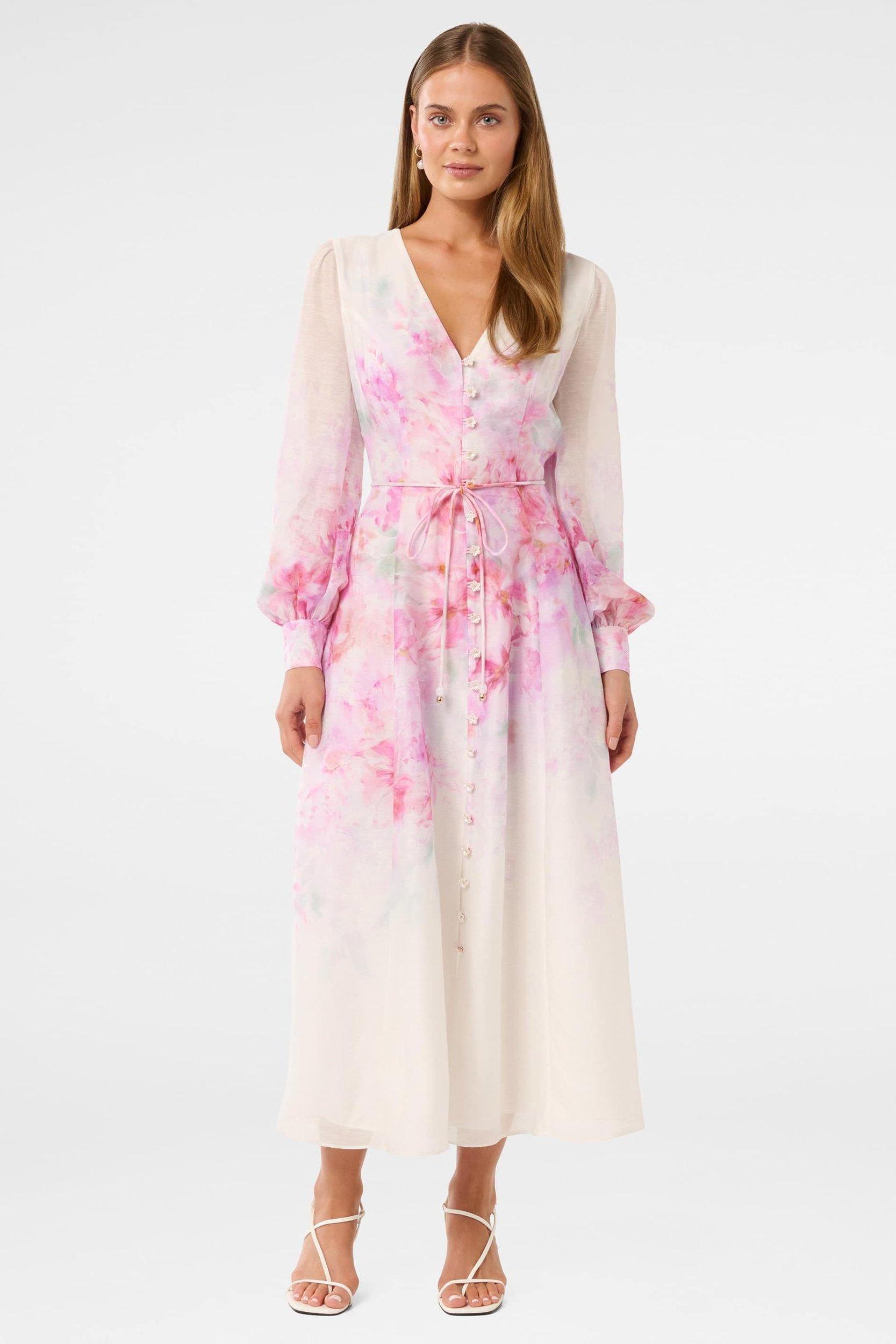 Floral Single Breasted Lantern Sleeve Midi Dress