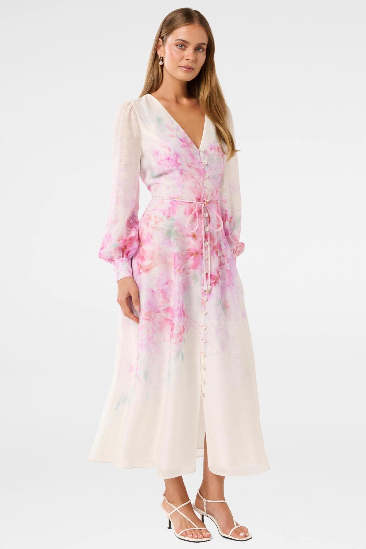 Floral Single Breasted Lantern Sleeve Midi Dress