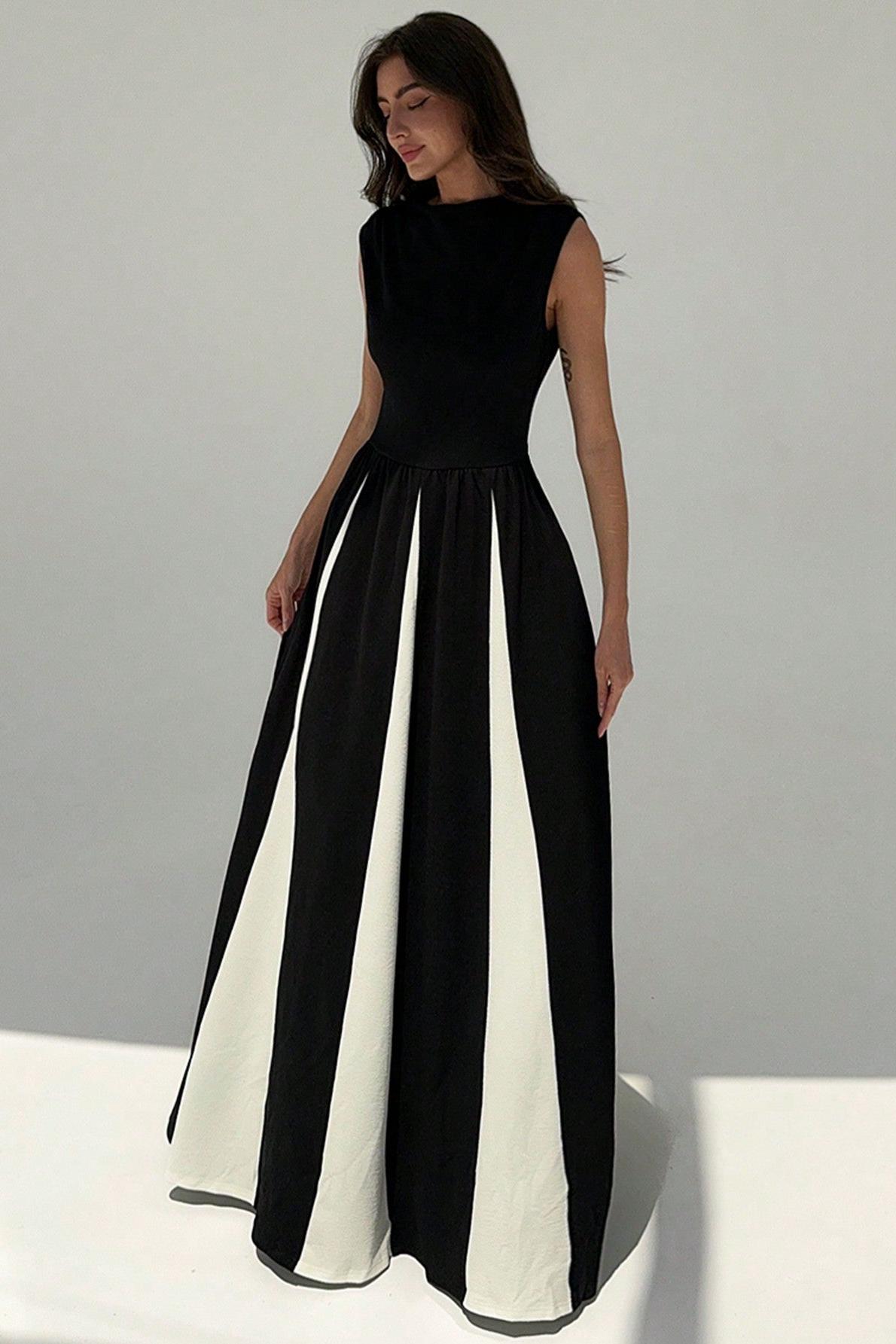 Contrast Color Round Neck Sleeveless Midi Dress