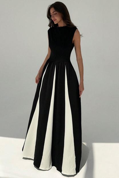 Contrast Color Round Neck Sleeveless Midi Dress