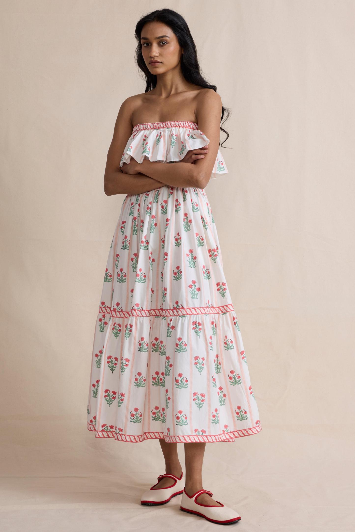 Floral Ruffle Off Shoulder Midi Dress