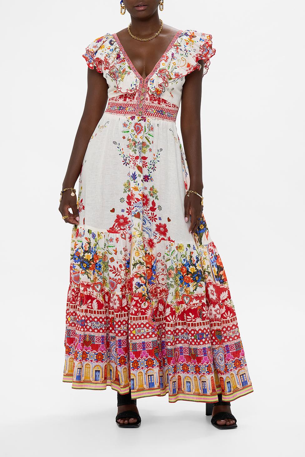Floral Ruffle V-Neck Midi Dress