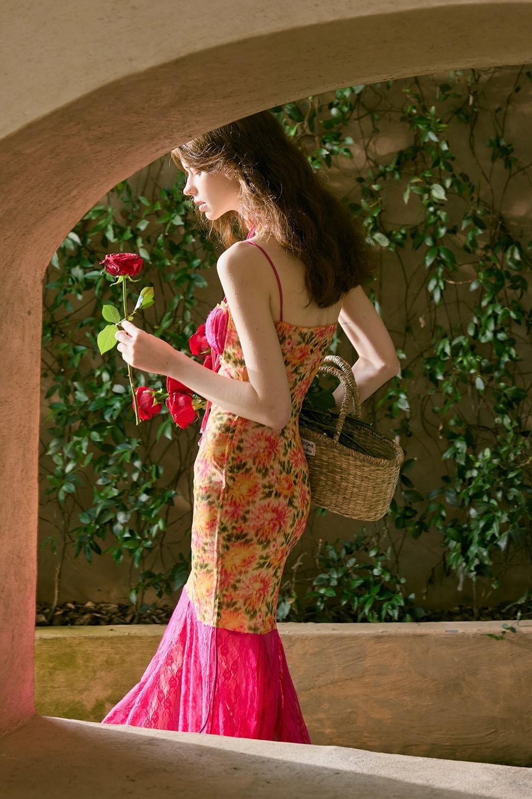 Lace Floral Splicing Slip Midi Drerss