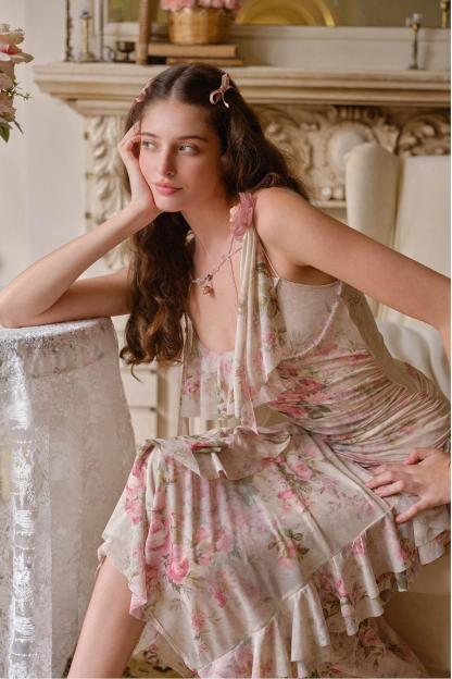 Floral Mesh Frill Slip Midi Dress