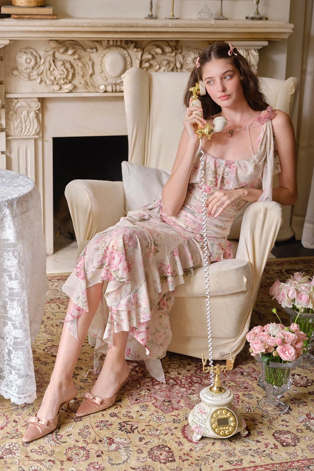 Floral Mesh Frill Slip Midi Dress