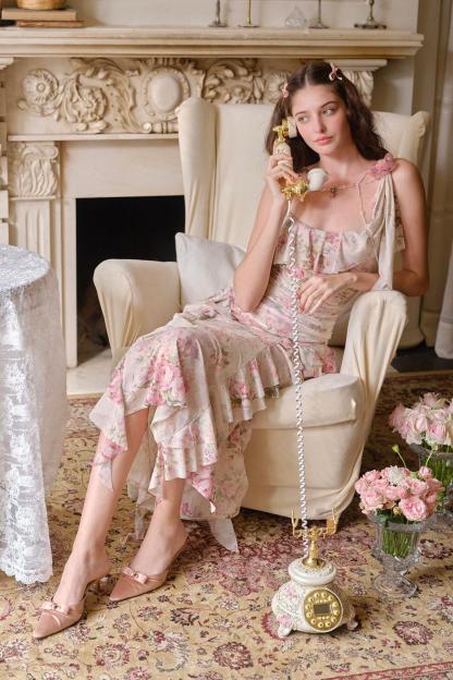 Floral Mesh Frill Slip Midi Dress