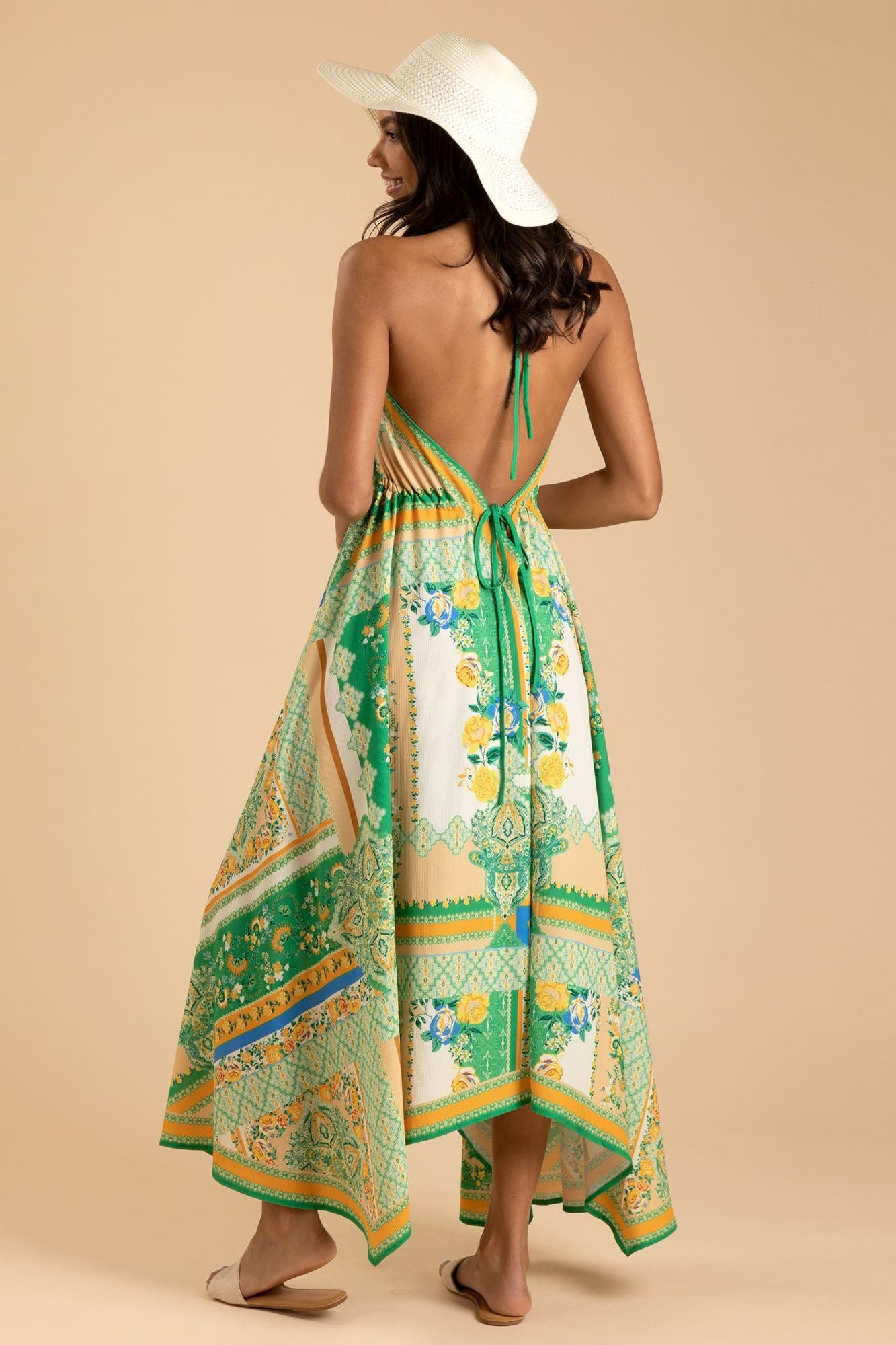 Floral Halter Neck Backless Midi Dress
