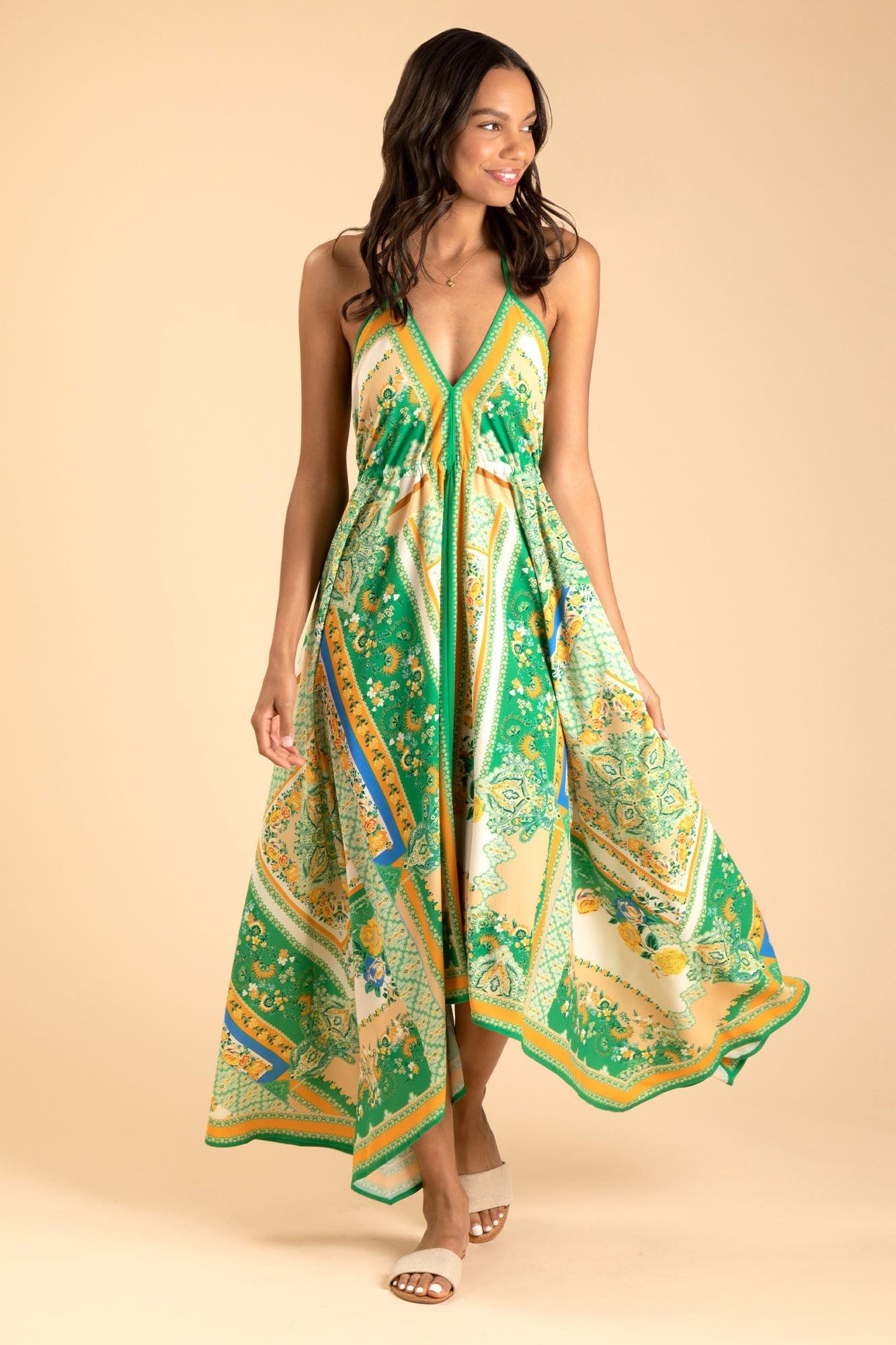 Floral Halter Neck Backless Midi Dress