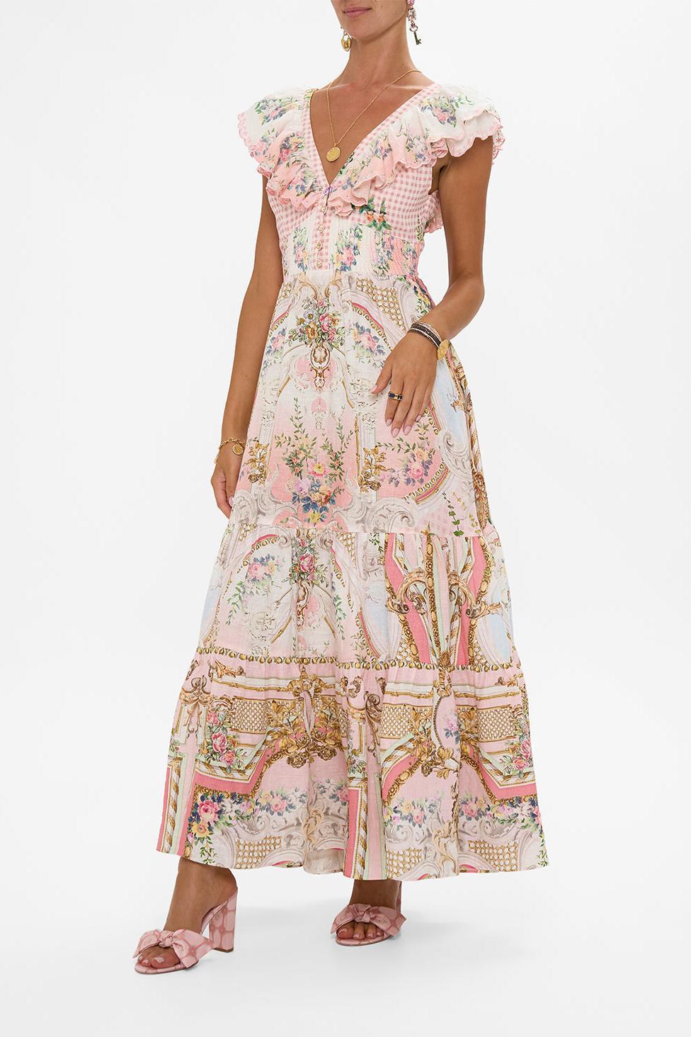 Palace Print Ruffle V-Neck Midi Dress