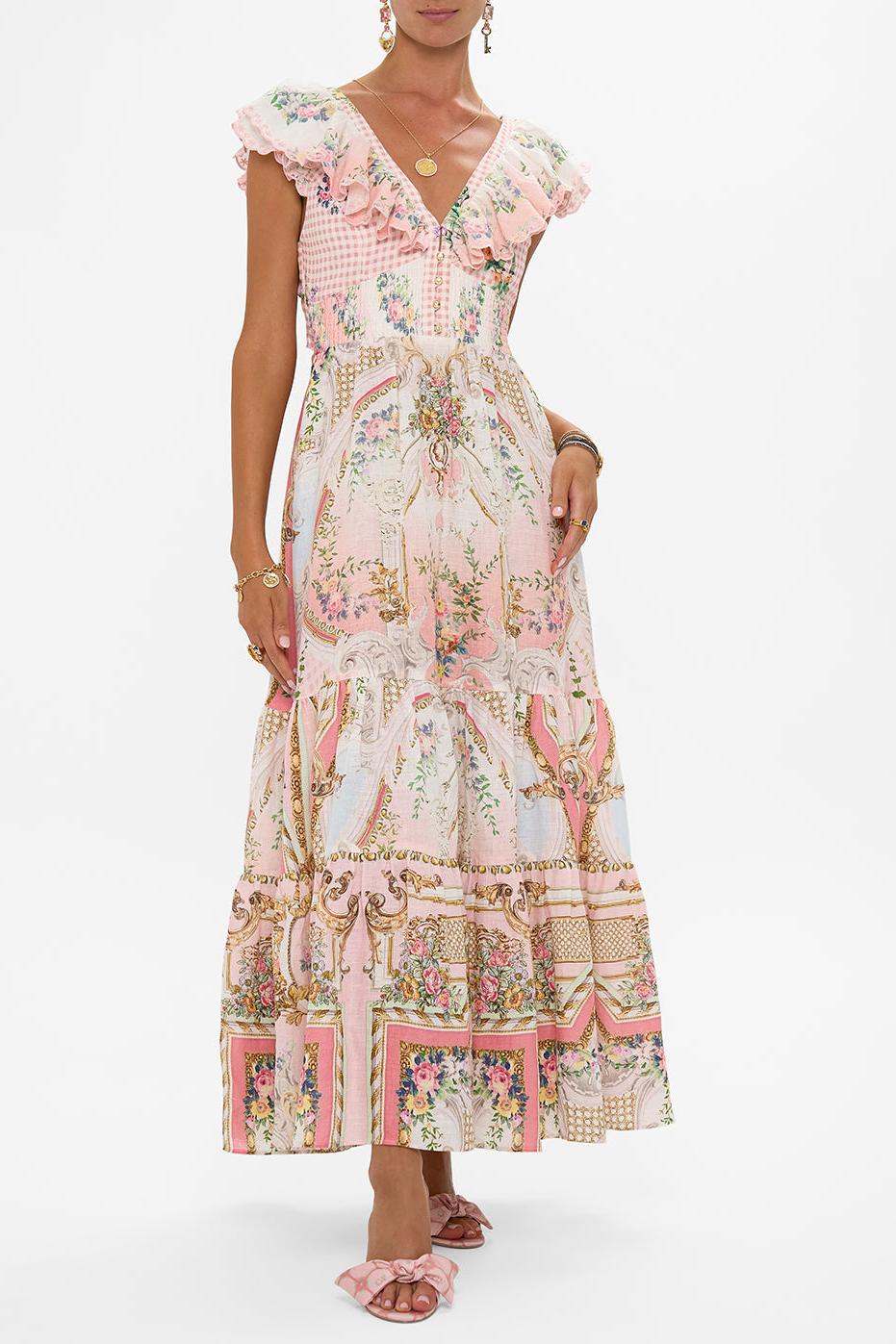 Palace Print Ruffle V-Neck Midi Dress