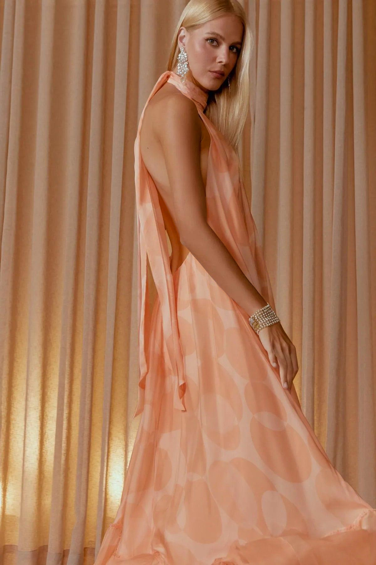 Chiffon Halter Neck Ruffle Maxi Dress