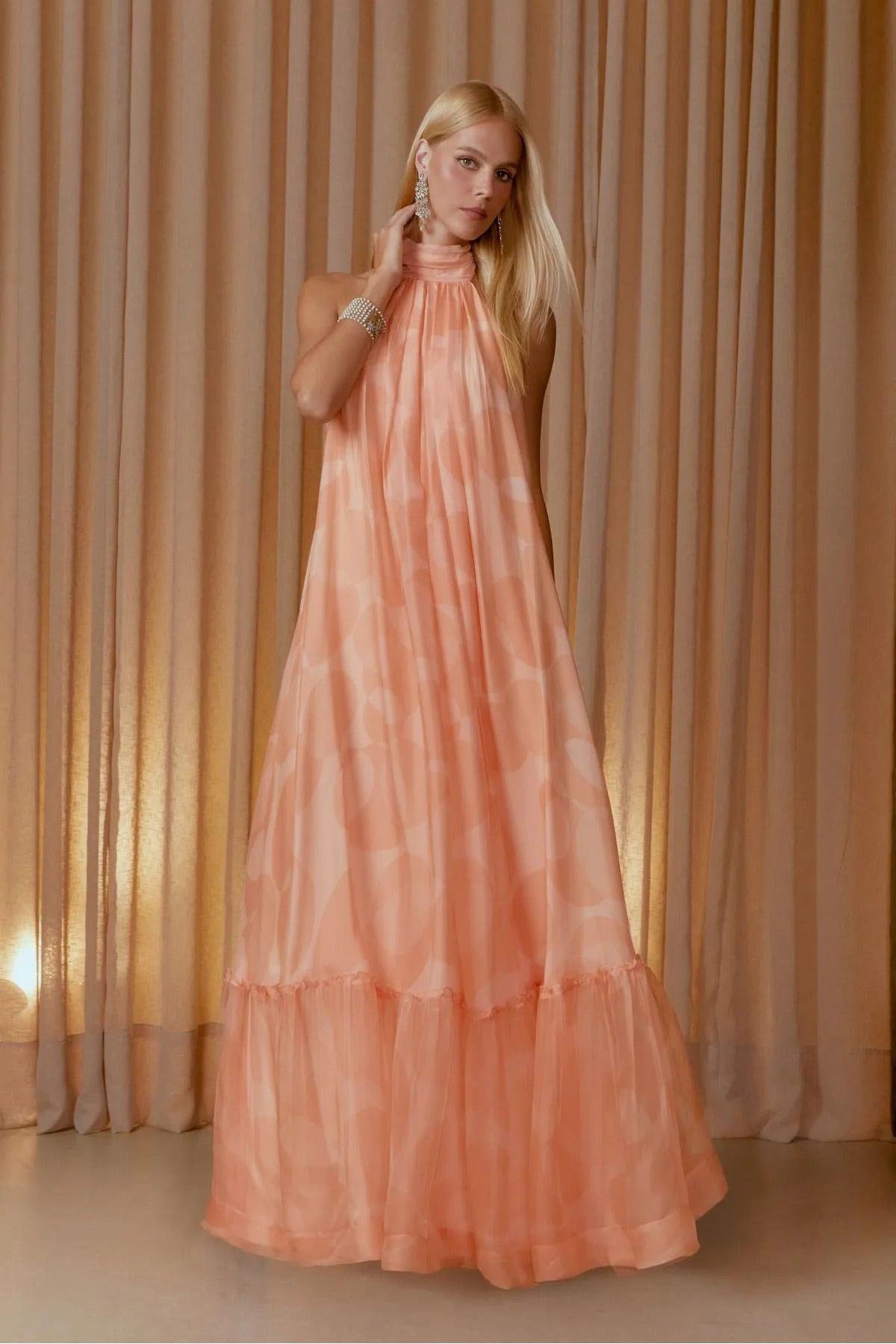 Chiffon Halter Neck Ruffle Maxi Dress