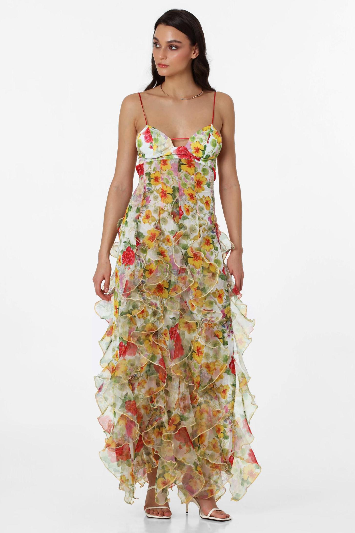 Chiffon Floral Frill Midi Dress