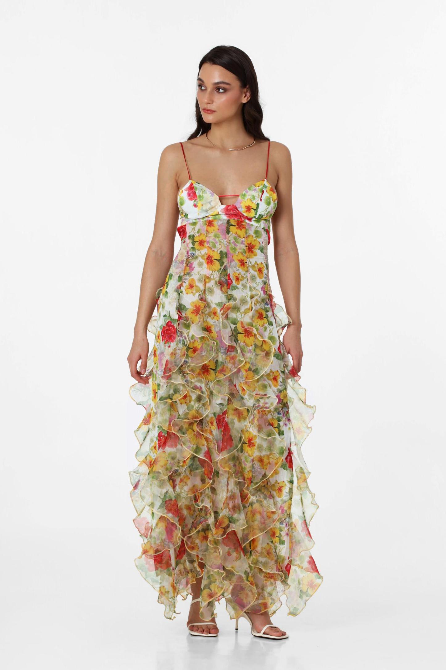 Chiffon Floral Frill Midi Dress