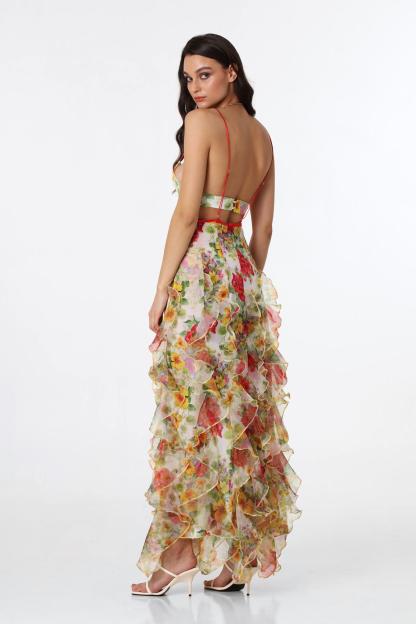 Chiffon Floral Frill Midi Dress