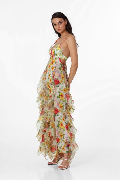 Chiffon Floral Frill Midi Dress
